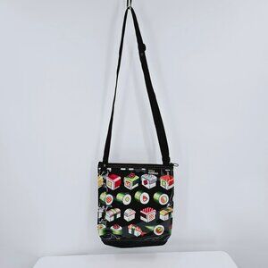 Tutela Nina Crossbody Bag Black Colorful Sushi Print Novelty Lightweight Vinyl